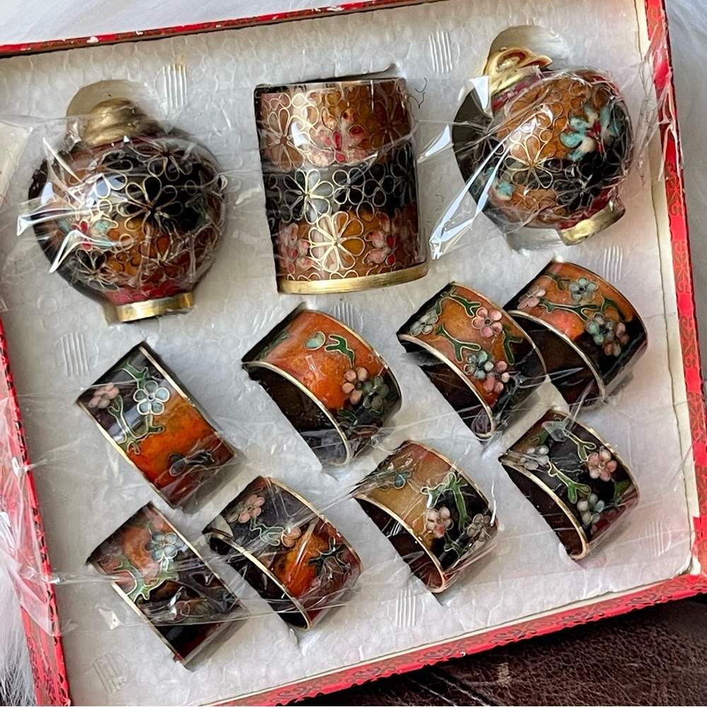 Vintage | Cloisonné Salt Pepper Small Cup 8pc Napkin Rings Set - Brown and Gold